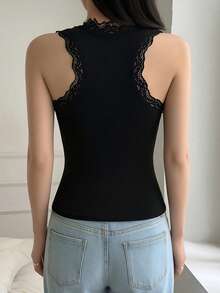 1pc Women Casual Comfortable Lace Patchwork Round Neck Camisole, Slim Fit Ribbed Sleeveless Solid Color Tank Top, Suitable For All Seasons - Black - View 6
