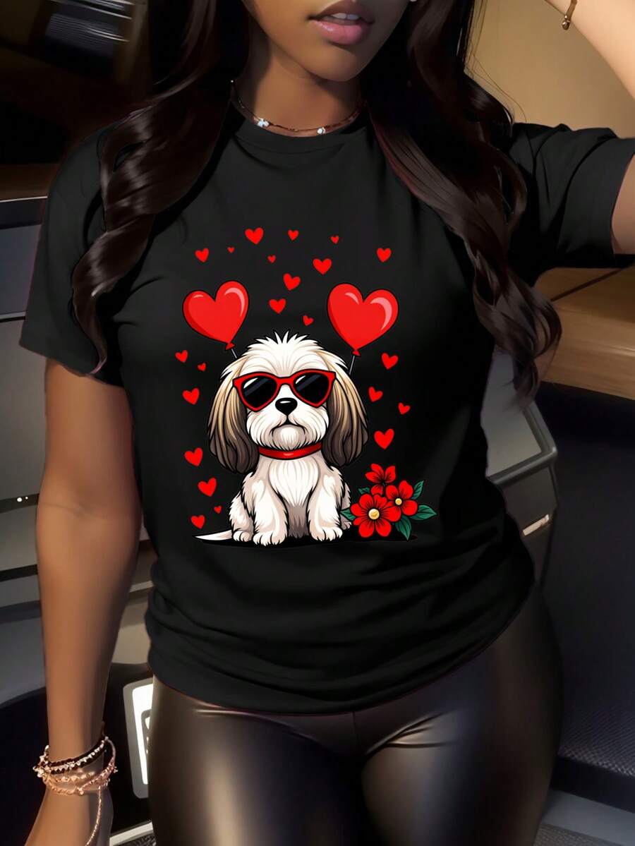 Dog With Hearts And Flower Graphic T-Shirt For Women, Oversized Crewneck Tees Casual Wear, Spring Cotton Tops Short Sleeve, Summer Basic Tees, Funny Clothes For Women - 黑色 - 查看 1