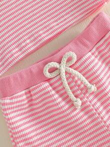 2Pcs Silly Goose Baby Clothes Toddler Girl Summer Birthday Outfit Embroidery Bow Animal Short Sleeve T-Shirts And Waffle Stripe Shorts Set - Pink - View 7