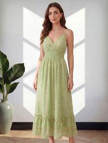 MODA MO, REF: N00429 - Vestido longo feminino de alças finas com estampa floral, estilo boho romântico, perfeito para o verão, decote em V, amarração na cintura, ideal para ocasiões formais e festas noturnas. - Verde - Visão 7