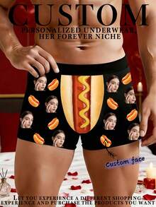 Customized Photo Print Men's Briefs, Personalized Heart Design, Suitable As A Personalized Gift, Funny Customized Style, Boxer Briefs, Customizable Item, Suitable For Daily Wear And Gifting, Also Can Be Given As A Valentine's Day Or Birthday Gift To Boyfriend - Black - View 1