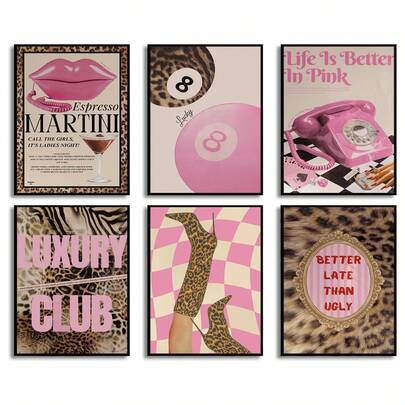 6pcs Pink Cheetah Print Wall Decor Posters, Fashionable Leopard Wall Art, Lucky 8 Ball Glamorous Collegiate Aesthetic Painting, Art Piece, Apartment, Bedroom Decor 8*10 Inches (Unframed)