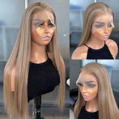 Kanekalon Futura 金色挑染棕色混合色 13x6 合成蕾丝前假发，适合女性，22 英寸长直发，无需胶水，Kanekalon 材质，耐用合成纤维，自由分缝，150% 密度，渐变金色挑染混合色，耐热纤维合成蕾丝前假发，自然发际线，适合女性日常、派对、度假等场合使用。