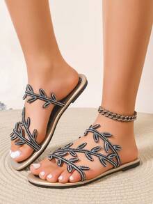 女士水钻树叶平底凉鞋，时尚优雅百搭休闲一脚蹬凉鞋，适合户外、海滩、派对、度假等场合。 - 黑色 - 查看 5