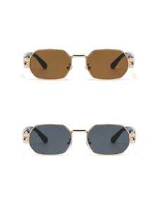 2 chiếc kính thời trang gọng kim loại nhỏ hình đa giác, kính thời trang cao cấp cá tính dành cho nữ, phong cách đường phố. - Lá trà viền vàng + lá xám viền vàng - Xem 2