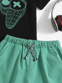 Tween Boy Gamepad Graphic T-Shirt & Drawstring Waist Shorts Casual 3-Piece Set - Green - View 4