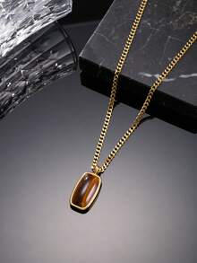 1件时尚复古不锈钢男士吊坠项链，饰有虎眼石、十字架、指南针和黑曜石元素，适合男士日常穿搭、节日庆典和外出场合。 - 金色 - 查看 10