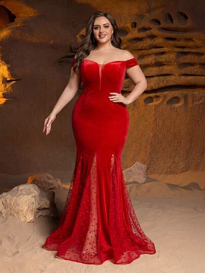 Faeriesty 大码女士优雅红色露肩鱼尾下摆修身长款派对连衣裙，采用柔软的天鹅绒面料，胸部饰有透视网纱拼接，收腰设计凸显曲线，适合新年、情人节、正式派对、盛大晚宴、婚礼、正式活动和优雅庆典。