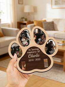 Personalized Custom Wooden Paw Print Pet Memorial Photo Frame, 7.8x7.8in/20x20cm, 4 Photo Slots & Collar Display, Engraved 'In Loving Memory Of' Sympathy Gift For Dog Cat Lovers, Remembrance Decor For Living Room, Bedroom, Memorial Corner, Christmas - Multicolor - View 2