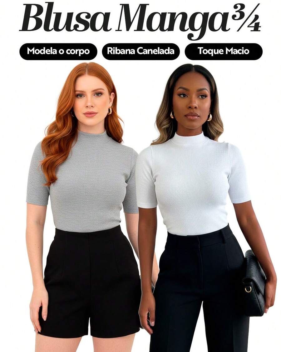 Kit 2 Women's Blouse High Neck Ribbed Premium 3/4 Sleeve Basic Elegant Comfortable Classic And Timeless Women's Fashion Ideal For Work Everyday Or Going Out Combines With Jeans Skirt Or Shorts Versatile Style Essential Piece That Enhances The Look With Comfort And Quality - 白色+混合 - 查看 1