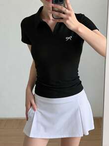 女款春季新款運動 Polo 衫，休閒修身 Polo 領 V 領長袖上衣，黑色 - 黑色 - 查看 2