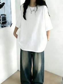 2件套女士休闲宽松圆领短袖T恤，百搭纯色，春夏款 - 黑+白 - 查看 4