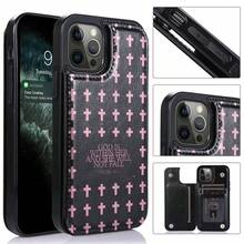 Retro Pink Crosses Repeated Across Pattern Leather Phone Case For IPhone 15/15 Pro/15 Pro Max/15 Plus | Genuine Leather Texture With Built-In Card Slots | Unique Designer Piece Combining Phone Case And Wallet Functionality - màu đen - Xem 1