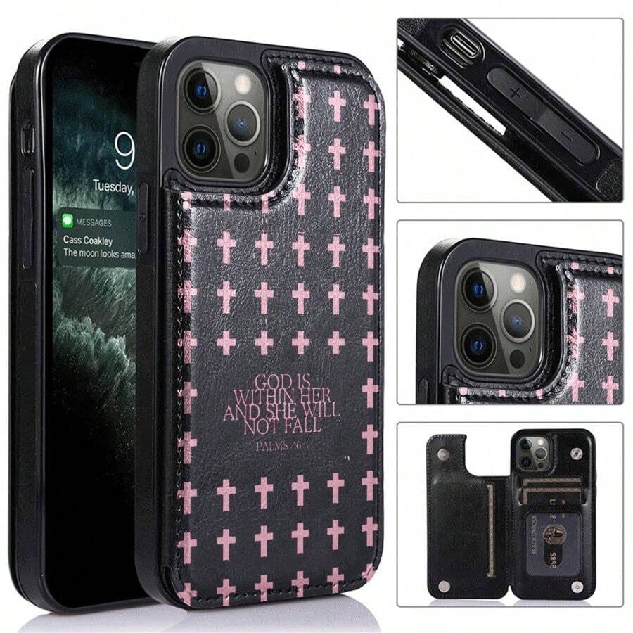 Retro Pink Crosses Repeated Across Pattern Leather Phone Case For IPhone 15/15 Pro/15 Pro Max/15 Plus | Genuine Leather Texture With Built-In Card Slots | Unique Designer Piece Combining Phone Case And Wallet Functionality - màu đen - Xem 1