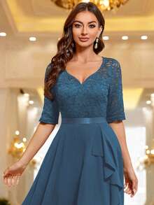 MIUSOL Sweetheart Neck Floral Lace Ruffle Hem Cocktail Party Dress - Dusty Blue - View 10