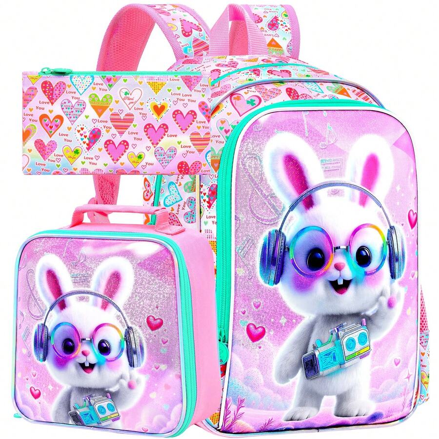 3PCS Girls Rabbit Backpack, 16" Kids Bookbag With Lunch Box, School Bag For Elementary Preschool Toddler - Spectacled Rabbit - Pink - View 1