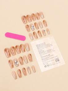30pcs Square/Full Coverage Short Nail Stickers, Decorated With Crystal Sequins And Halo Print, Suitable For Nude Skin Tone, Comes With Jelly Glue And Nail Buffer, Reusable For Daily Wear, Can Enhance Your Elegance - Multicolor - View 2