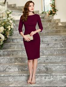 MIUSOL Robe moulante de bureau avec fermeture éclair froncée au dos et fente, robe de cocktail semi-formelle élégante pour invités de mariage. Convient pour les occasions comme les anniversaires, les remises de diplômes, la rentrée scolaire. - Rouge foncé - Voir 9