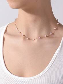 1pc Simple Fashion Cat Eye Stone Beaded Copper Chain Necklace, Suitable For Women's Daily, Date, Vacation, Nightclub Wear. The Number Of Beads May Vary Slightly, Please Refer To The Length. - Bead Chain - View 2