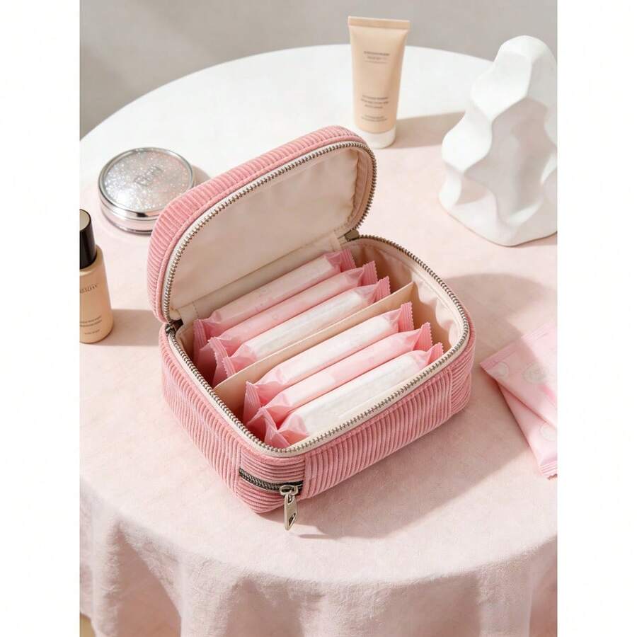 1pc Menstrual Pad Storage Bag, Corduroy Menstrual Pad Storage Bag, Multifunctional Storage Bag, Portable Storage Bag, Makeup Lipstick Bag, Large Capacity Can Accommodate Menstrual Pads, Panty Liners, And Tampons, Study Supplies Storage Bag, Coin Purse, Pencil Case, Girls' Coin Bag, Makeup Storage, Essential For Girls, Good Choice For Going Out Makeup Bag - 1PC-pink - View 1