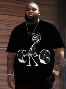 Plus Size Men's Casual Round Neck T-Shirt, Polyester Knit Fabric Comfortable & Breathable, Fashion Casual Cartoon "Funny Weightlifting Matchstick Man" Graphic Print, Streetwear Fresh Design, Novelty Top - Black - View 1