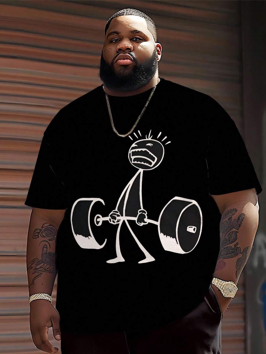 Plus Size Men's Casual Round Neck T-Shirt, Polyester Knit Fabric Comfortable & Breathable, Fashion Casual Cartoon "Funny Weightlifting Matchstick Man" Graphic Print, Streetwear Fresh Design, Novelty Top - Black - View 1