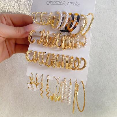 44pcs Minimalist Metal Butterfly Pendant & Faux Pearl Earrings Set, Suitable For Daily Wear