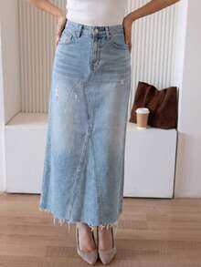 Livesso High Waist Distressed Denim Slit Skirt, Slimming Women's Denim Skirt - Medium Wash - View 3