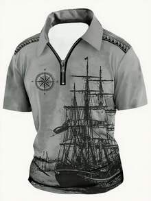 Men Boat Print Contrast Trim Half Zip Sport Polo Shirt - Grey - View 8