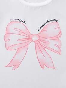 两件套少女休闲校园风多巴胺套装，可爱蝴蝶结字母印花圆领短袖白色T恤搭配蝴蝶结印花黑色迷你裙，春夏款 - 彩色 - 查看 5