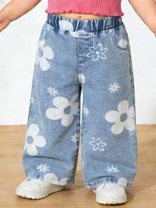 Girls' Button Fly Wide Leg Jeans, Elastic Waist, Casual All-Match Style, All-Over Print - Blue - View 1