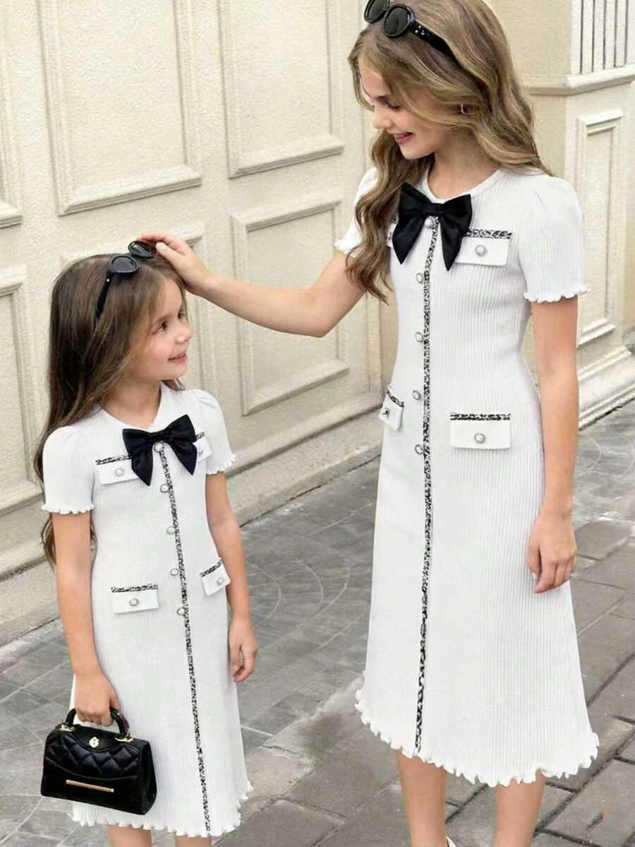 Soft & Skin-Friendly Knitted Long Dress For Women, Pearl Button With Bow Tie, Faux Pocket Trim Design, Ruffle Cuff & Hem, Suitable For Birthday Party, Performance, Daily Wear - White - View 1