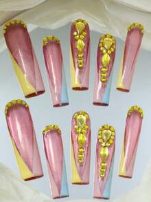 CrystalHola Valentine's Day : 10 Handmade Press-On Nail Stickers, French Square Long Nails, Pink Pearlescent Finish With Yellow Rhinestones, Full Coverage, Removable And Reusable, Long-Lasting And Durable, Unique Summer Nail Art, A Stylish Necklace Essential For Parties And Weddings. Nail Supplies - Multicolor - View 3