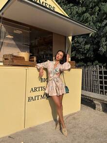 2025 Spring/Summer European & American Style Women's New Elegant Casual Sweet Mandarin Collar Button Front Lantern Sleeve Bow Tie Ruched Fitted Mini A-Line Dress, Thin Non-Stretch Woven Fabric, Suitable For Casual, Travel, Commute, Holiday - Multicolor - View 2