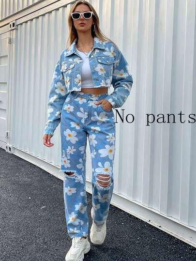 Happy Girl Summer Casual Fashion Denim Jacket With Daisy Print, Distressed Edges, Suitable For School, Vacation, Daily Wear, Dates, Travel, Airport