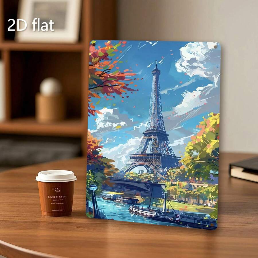 2D Flat, 1pc 2D Flat Printing, Tinplate Painting, Vibrant Cityscape, Metal Plaque, Hang Artworks, Decorative Items, Pre- Drilled, Weather- Resistant Art, Room Decor, Garden Decoration, Outdoor Sign, Wall Hanging Decoration, Plaque Decoratio2D Flat