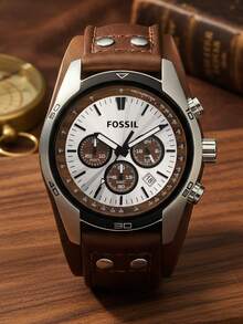 Fossil 男士石英计时腕表，圆形表盘，棕色皮表带，三眼显示，商务休闲风格，适合日常佩戴和作为礼物 - 棕色 - 查看 1