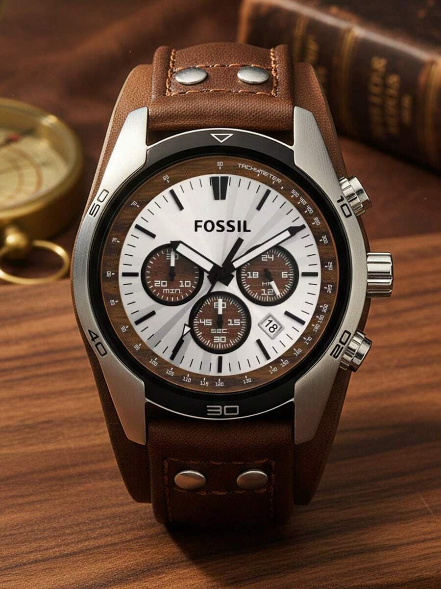 Fossil 男士石英计时腕表，圆形表盘，棕色皮表带，三眼显示，商务休闲风格，适合日常佩戴和作为礼物 - 棕色 - 查看 1