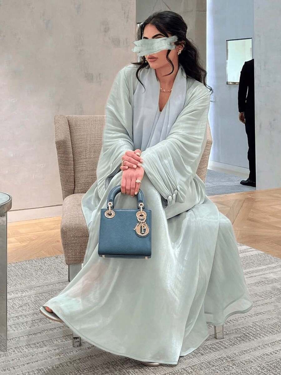Áo Abaya kín đáo dành cho phụ nữ Trung Đông, áo khoác cardigan kiểu Dubai, chất liệu vải bóng. - Màu xanh Bạc hà - Xem 1