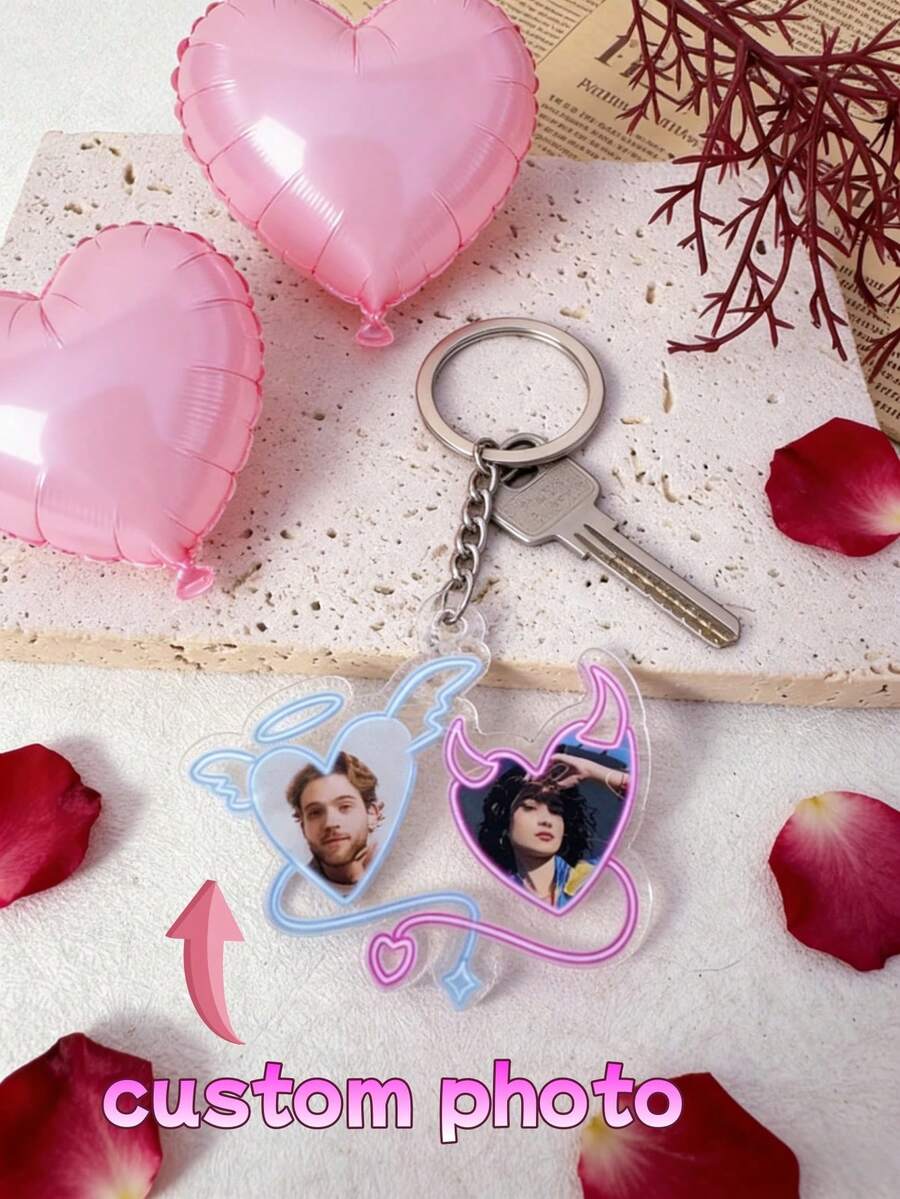 1Pc Custom Couple Photo Acrylic Keychain – Angel & Devil Design, Personalized Photo Keyring, Valentine's Day Gift, Custom Keychain, Perfect For Couples, Boyfriend, Girlfriend, Anniversary, Birthday, Daily Use, Bag Charm, Special Occasions - Shape - View 1