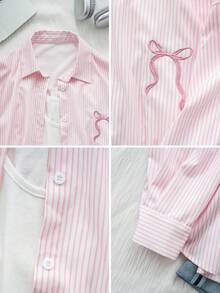 粉白条纹蝴蝶结衬衫，女士新款宽松薄款长袖衬衫，适合秋冬季节，休闲学院风 - 粉色 - 查看 7