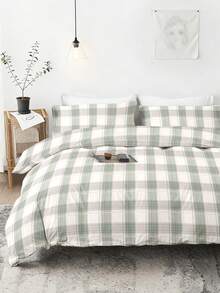 三件套格子印花被套，超柔软透气的超细纤维面料，四季皆宜，可机洗，不易褪色、起球、缩水和起皱，适合简约、可爱、复古风格的卧室，适用于特大号/大号/标准双人床，是居家、宿舍、公寓、酒店、度假屋和送礼的理想之选。 - 彩色 - 查看 1