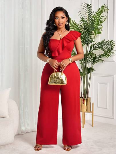 BIUBIU Plus Size Women Elegant Ruffle Strap Solid Color Jumpsuit - Stretchy Knit Romper, Suitable For Back To School, Graduation, Valentine's Day, Music Festival, Mother's Day, Thanksgiving, Easter, Prom, Date Party, Wedding Season, Outdoor Events