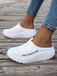 Baotou Slip-On Summer Mesh Breathable Lazy One-Piece Slip-On Half-Shoes With Anti-Slip Function For Outdoor Wear, Sporty Casual Women's Sandals, Beach Women's Shoes, Thick-Soled Canvas Shoes, Black And White Colors. Outdoor Anti-Slip Sport Sandals And Slippers. - White - View 4