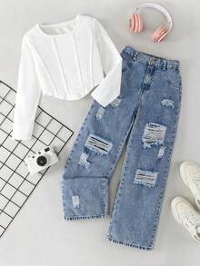 Set de 2 piezas Conjunto informal de estilo callejero para niñas preadolescentes, camiseta de manga larga blanca y jeans de mezclilla azul desgastados, nueva llegada de primavera/verano - Multicolor - Ver 1