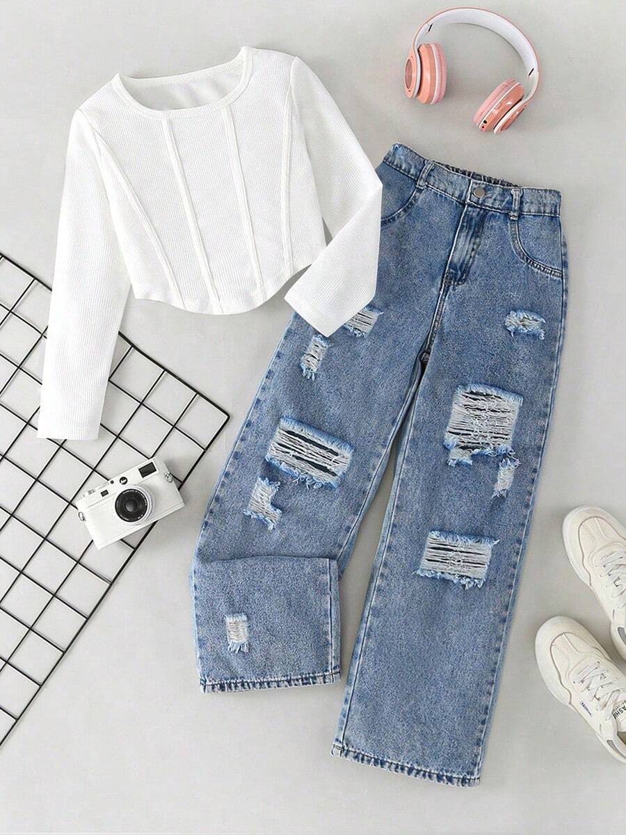 Set de 2 piezas Conjunto informal de estilo callejero para niñas preadolescentes, camiseta de manga larga blanca y jeans de mezclilla azul desgastados, nueva llegada de primavera/verano - Multicolor - Ver 1