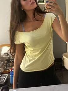 Women Y2K Polka Dot Print T Shirt Summer Crop Tops Off Shoulder Solid Color Tee Short Sleeve Crop Slim Fit Shirts Casual Shirts For Daily Office Party Streetwear For Girls - 黃色 - 查看 1