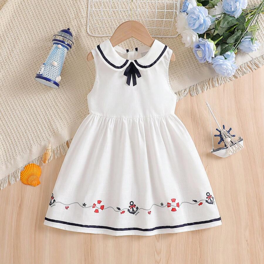 Girls Cute Peter Pan Collar Sleeveless Dress - White - View 1