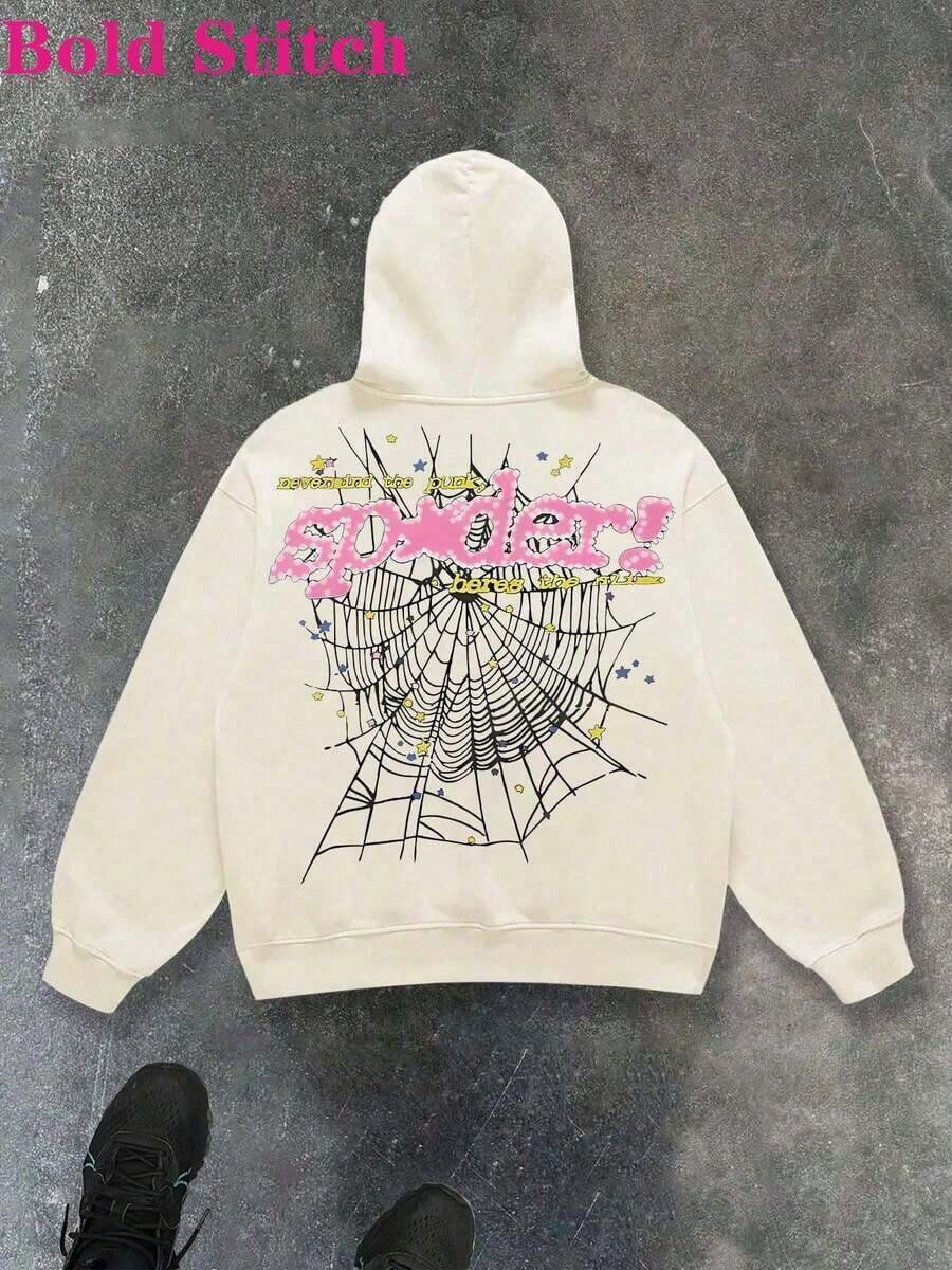 Spider Web Hoodie - EditionFashion Men's Casual Long-Sleeved Hooded Pullover Sweatshirt ,250g Polyester Fiber,Fall Clothes Men,Hoodie For Men,Oversized Hoodie,Sudaderas Para Hombre,Graphic HoodieY2Y-W-Sudaderas - 杏色 - 查看 1