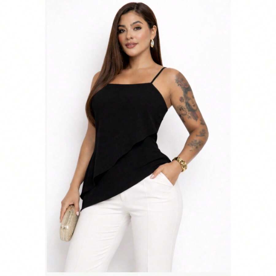 Blusa Alcinha Crepinho caimento assimétrico camadas Blusa Social Assimétrica moda2026 - Preto - Visão 1